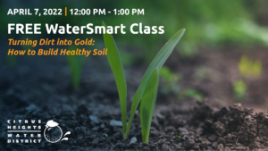 April 7, 2022. 12pm-1pm. Free water smart class. Turning dirt into gold. How to build healthy soil. A photo of a sprout growing from the ground. Logo of the Citrus Heights Water District.
